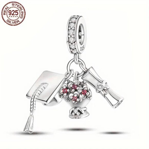 Sterling Silver Graduation Charm Diploma and Cap Dangle - Picture 1 of 4